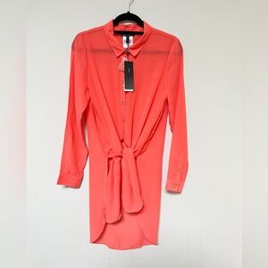 NWT! BCBG Maxazria Coral Shirt Dress High Low Button Down‎ Sheer $168 Medium M